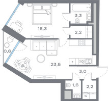Планировка однокомнатной(квартира) площадью 52.58 квадратных метров в “ЖК Дом Горизонтов”