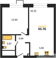 Планировка однокомнатной(квартира) площадью 43.8 квадратных метров в “ЖК Новоград Павлино”