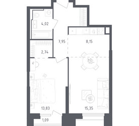 Планировка однокомнатной(апартаменты) площадью 53.13 квадратных метров в ЖК “ЖК Скай Спутник”