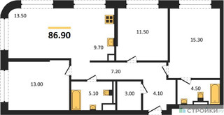 Планировка трехкомнатной(квартира) площадью 86.9 квадратных метров в “ЖК STONE Sokolniki (Сокольники)”