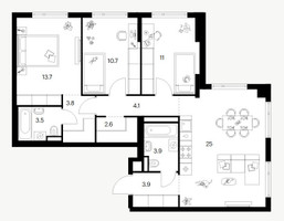 Планировка трехкомнатной(квартира) площадью 82.2 квадратных метров в “ЖК Саларьево парк”
