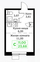 Планировка студии(квартира) площадью 23.68 квадратных метров в “ЖК КИТ 2”