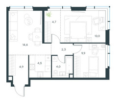 Планировка трехкомнатной(квартира) площадью 57.7 квадратных метров в “Level Павелецкая Сити”