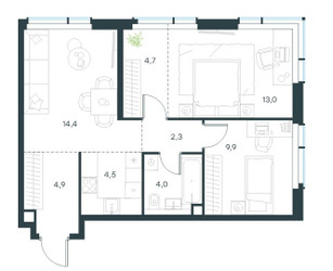 Планировка трехкомнатной(квартира) площадью 57.7 квадратных метров в ЖК “Level Павелецкая Сити”