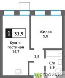 Планировка однокомнатной(квартира) площадью 31.9 квадратных метров в ЖК “ЖК Никольский квартал Отрада”