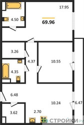 Планировка двухкомнатной(квартира) площадью 71 квадратных метров в ЖК “Квартал Foriver”
