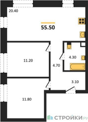 Планировка двухкомнатной(квартира) площадью 55.5 квадратных метров в ЖК “ЖК Шагал”
