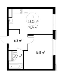 Планировка однокомнатной(квартира) площадью 45.3 квадратных метров в ЖК “ЖК Переделкино Ближнее”