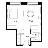 Планировка однокомнатной(апартаменты) площадью 39.3 квадратных метров в “ЖК Аквилон Signal (Аквилон Сигнал)”
