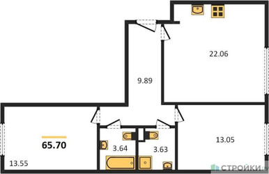 Планировка двухкомнатной(квартира) площадью 65.7 квадратных метров в ЖК “ЖК Равновесие”