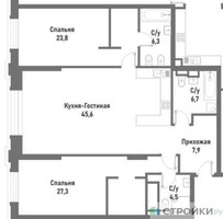 Планировка двухкомнатной(квартира) площадью 122.3 квадратных метров в “ЖК Ренессанс”