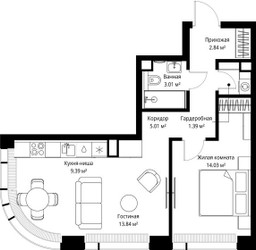 Планировка однокомнатной(квартира) площадью 49.51 квадратных метров в ЖК “ЖК Веер”