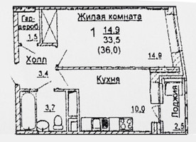 Планировка однокомнатной(квартира) площадью 36 квадратных метров в “ЖК Никольская Панорама”