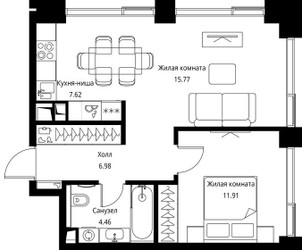 Планировка однокомнатной(квартира) площадью 46.74 квадратных метров в ЖК “ЖК Сити Бэй”