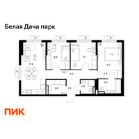 Планировка трехкомнатной(квартира) площадью 69.5 квадратных метров в “ЖК Белая Дача парк”