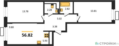 Планировка двухкомнатной(квартира) площадью 56.82 квадратных метров в ЖК “ЖК Пятницкие луга”