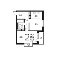 Планировка двухкомнатной(квартира) площадью 43.3 квадратных метров в “Новые Ватутинки. Заречный”