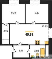Планировка двухкомнатной(квартира) площадью 45.31 квадратных метров в ЖК “ЖК Радость (Радумля Парк)”