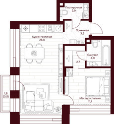 Планировка однокомнатной(квартира) площадью 50.7 квадратных метров в ЖК “ЖК Дом 7 Даниловский”
