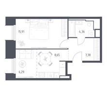 Планировка однокомнатной(апартаменты) площадью 42.59 квадратных метров в “ЖК Скай Спутник”