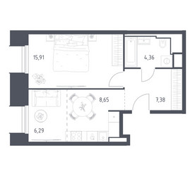 Планировка однокомнатной(апартаменты) площадью 42.59 квадратных метров в ЖК “ЖК Скай Спутник”