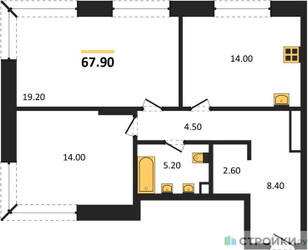 Планировка двухкомнатной(квартира) площадью 67.9 квадратных метров в ЖК “Кутузов Сити”