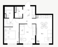 Планировка двухкомнатной(квартира) площадью 55.5 квадратных метров в “ЖК Руставели 14”