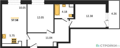 Планировка двухкомнатной(квартира) площадью 57.58 квадратных метров в ЖК “Жилые кварталы Новое Пушкино”