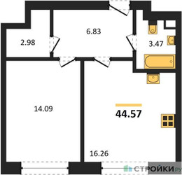 Планировка однокомнатной(квартира) площадью 44.57 квадратных метров в ЖК “ЖК Sezar City (Сезар Сити)”