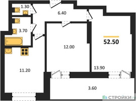 Планировка двухкомнатной(квартира) площадью 52.5 квадратных метров в “ЖК Рассказово”