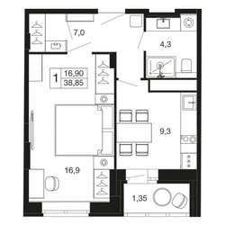Планировка однокомнатной(квартира) площадью 38.9 квадратных метров в ЖК “ЖК Времена года”