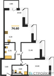 Планировка двухкомнатной(квартира) площадью 74.6 квадратных метров в ЖК “ЖК Дзен-кварталы”