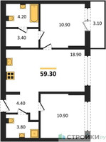 Планировка двухкомнатной(квартира) площадью 59.3 квадратных метров в “ЖК Первый квартал”