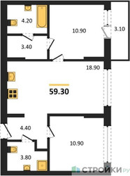 Планировка двухкомнатной(квартира) площадью 59.3 квадратных метров в ЖК “ЖК Первый квартал”