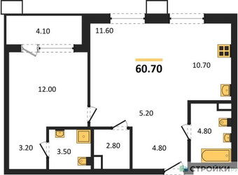 Планировка однокомнатной(квартира) площадью 60.7 квадратных метров в ЖК “ЖК Дзен-кварталы”