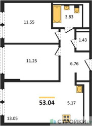 Планировка двухкомнатной(квартира) площадью 53.04 квадратных метров в ЖК “ЖК Остафьево”