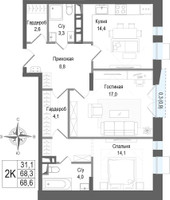 Планировка двухкомнатной(квартира) площадью 68.3 квадратных метров в “ЖК КИНОКВАРТАЛ”