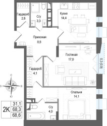 Планировка двухкомнатной(квартира) площадью 68.3 квадратных метров в ЖК “ЖК КИНОКВАРТАЛ”