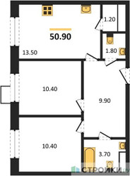 Планировка двухкомнатной(квартира) площадью 50.9 квадратных метров в ЖК “ЖК ЭкоБунино (Южное Бунино)”
