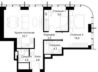 Планировка двухкомнатной(квартира) площадью 66.4 квадратных метров в ЖК “ЖК Сити Бэй”