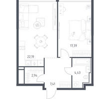 Планировка однокомнатной(квартира) площадью 54.36 квадратных метров в “ЖК Квартал на воде (Графика на воде)”