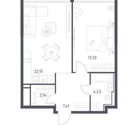 Планировка однокомнатной(квартира) площадью 54.36 квадратных метров в ЖК “ЖК Квартал на воде (Графика на воде)”