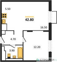 Планировка однокомнатной(квартира) площадью 42.8 квадратных метров в “ЖК Мытищи Парк”