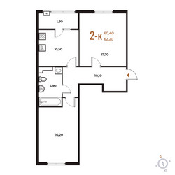 Планировка двухкомнатной(квартира) площадью 62.2 квадратных метров в ЖК “ЖК Новое Летово”