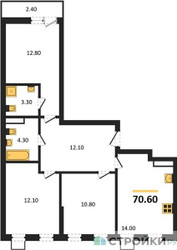 Планировка трехкомнатной(квартира) площадью 70.6 квадратных метров в ЖК “ЖК Деснаречье”