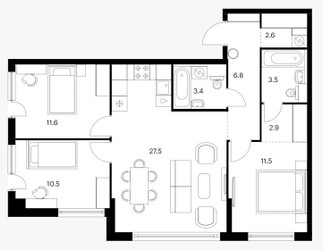 Планировка трехкомнатной(квартира) площадью 80.3 квадратных метров в ЖК “ЖК Кутузовский квартал”
