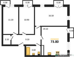 Планировка трехкомнатной(квартира) площадью 73.8 квадратных метров в “ЖК Южная Долина”