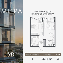 Планировка однокомнатной(квартира) площадью 43.77 квадратных метров в ЖК “Дом премиум-класса МИРА”