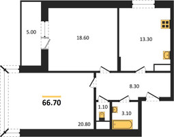 Планировка двухкомнатной(квартира) площадью 66.7 квадратных метров в “ЖК Эдельвейс (Первомайское)”