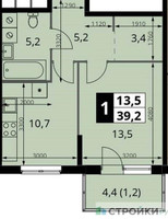 Планировка однокомнатной(квартира) площадью 39.2 квадратных метров в “ЖК 1-й Измайловский (Первый Измайловский)”